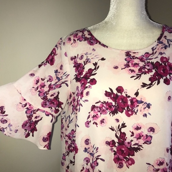 Elle Pink Floral Ruffle Shirt Sleeve Poly Top M - Picture 5 of 8